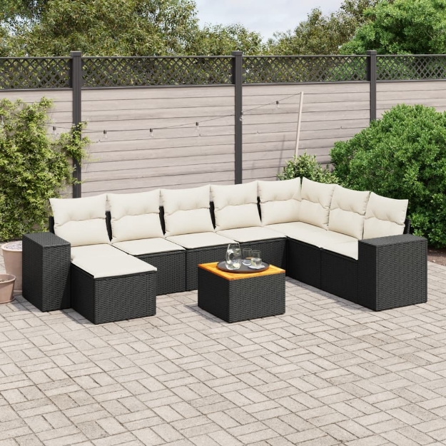 Set Divani da Giardino 9 pz con Cuscini Nero in Polyrattan