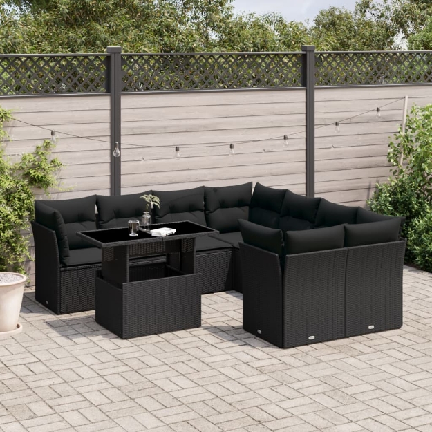 Set Divani da Giardino 9 pz con Cuscini Nero in Polyrattan