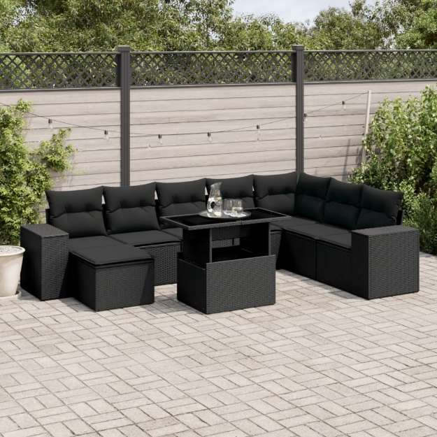 Set Divani da Giardino 9 pz con Cuscini Nero in Polyrattan
