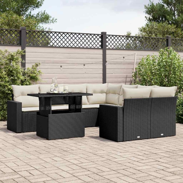 Set Divani da Giardino 9 pz con Cuscini Nero in Polyrattan