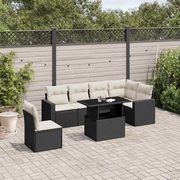 Set Divani da Giardino con Cuscini 7pz Nero Polyrattan