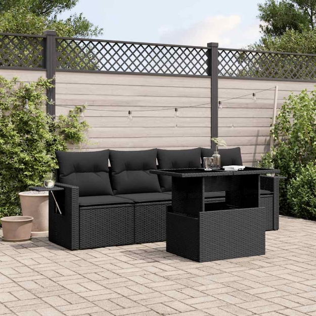 Set Divani da Giardino 5 pz con Cuscini in Polyrattan Nero