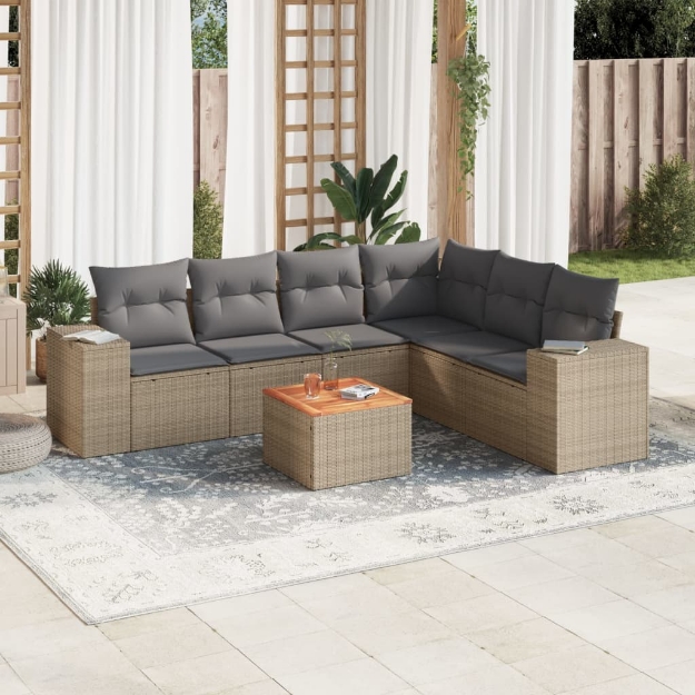 Set Divani da Giardino 7 pz con Cuscini Beige in Polyrattan