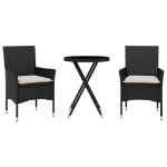 Set da Bistrò 3 pz con Cuscini Nero Polyrattan e Vetro