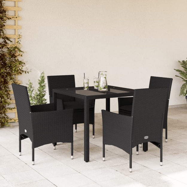 Set da Pranzo da Giardino con Cuscini 5 pz Polyrattan e Vetro