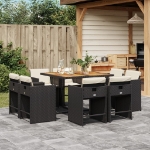 Set da Pranzo da Giardino 9 pz con Cuscini Nero in Polyrattan