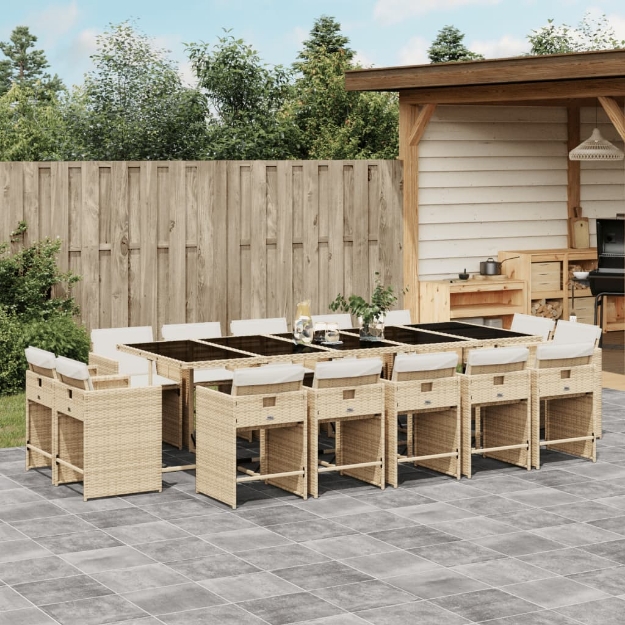 Set da Pranzo da Giardino 15 pz con Cuscini Beige in Polyrattan