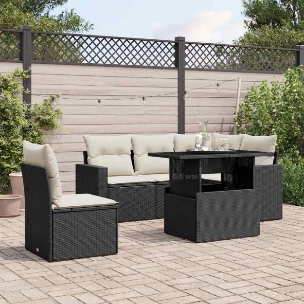 Set Divano da Giardino 6 pz con Cuscini Nero in Polyrattan