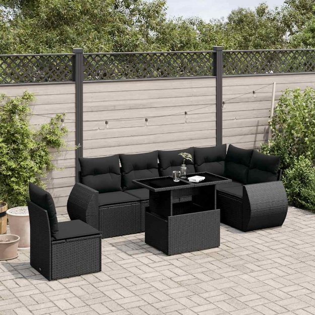 Set Divani da Giardino con Cuscini 7pz Nero Polyrattan