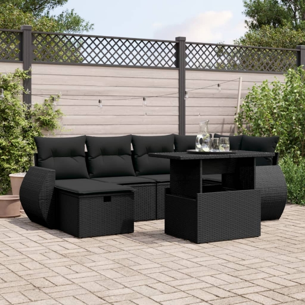 Set Divani da Giardino con Cuscini 7pz Nero Polyrattan