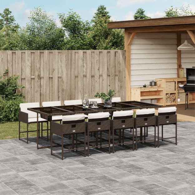 Set da Pranzo da Giardino 11 pz con Cuscini Polyrattan Marrone