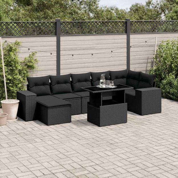 Set Divani da Giardino con Cuscini 8 pz Nero in Polyrattan