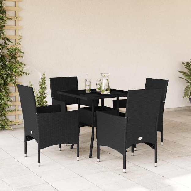 Set da Pranzo da Giardino con Cuscini 5 pz Polyrattan e Vetro
