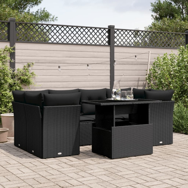 Set Divani da Giardino con Cuscini 7pz Nero Polyrattan