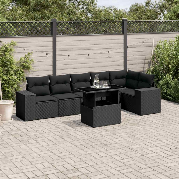 Set Divani da Giardino con Cuscini 7pz Nero Polyrattan