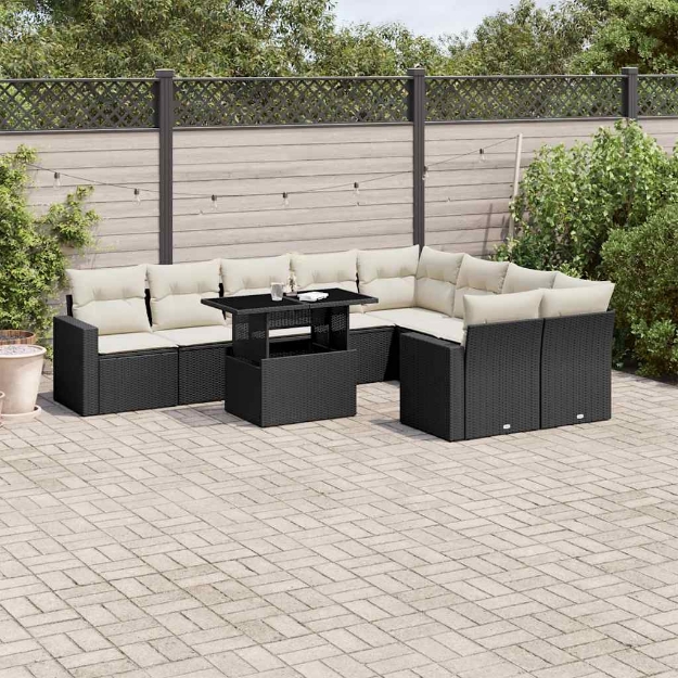 Set Divani da Giardino 10pz con Cuscini in Polyrattan Nero