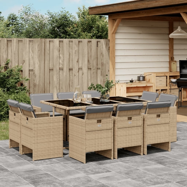 Set Pranzo da Giardino 11 pz con Cuscini Beige Misto Polyrattan