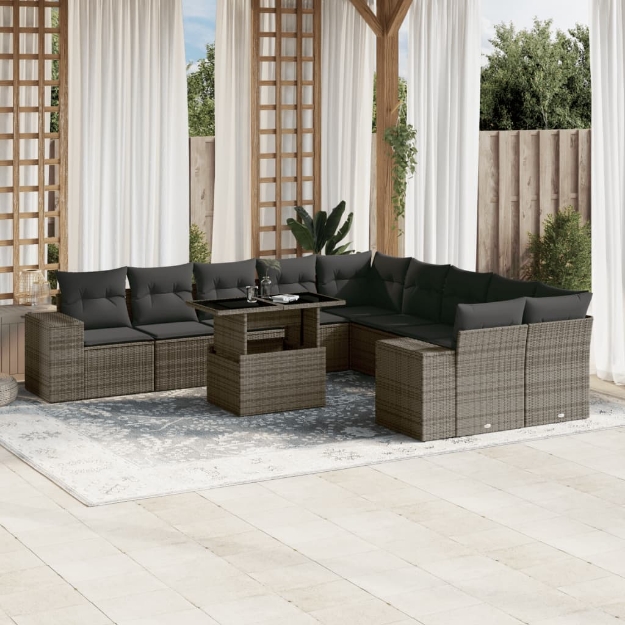 Set Divani da Giardino 11 pz con Cuscini in Polyrattan Grigio