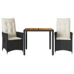 Set da Bistrò 3 pz con Cuscini Nero Polyrattan e Legno Acacia