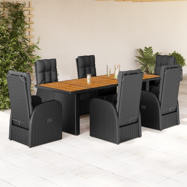 Set da Pranzo da Giardino 7 pz Nero con Cuscini in Polyrattan