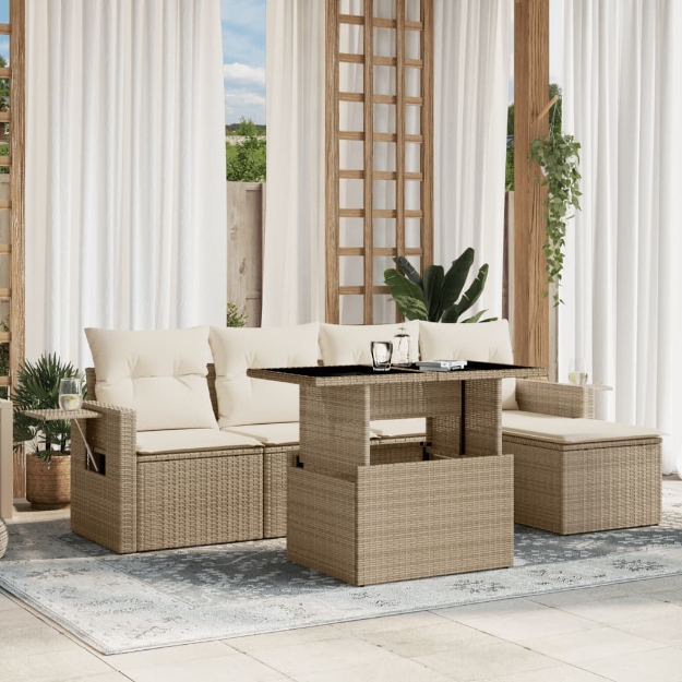 Set Divano da Giardino 6 pz con Cuscini Beige in Polyrattan