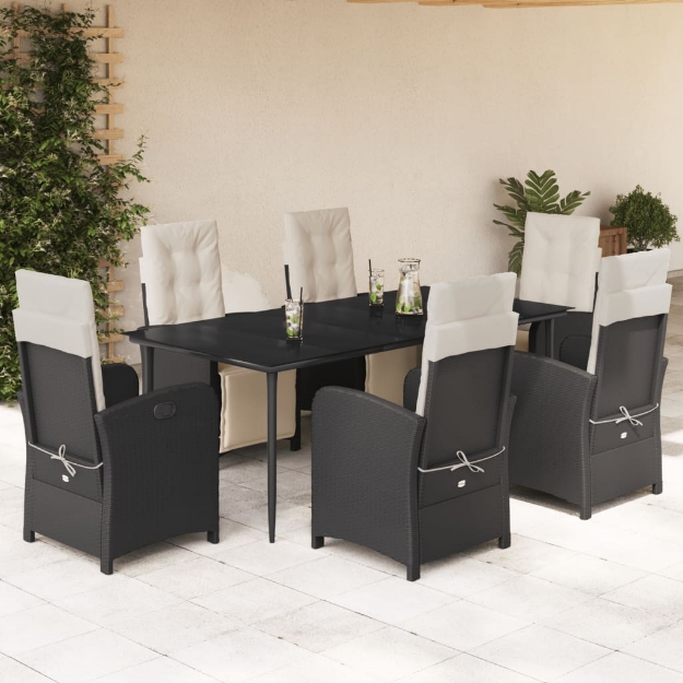 Set da Pranzo da Giardino 7 pz Nero con Cuscini in Polyrattan