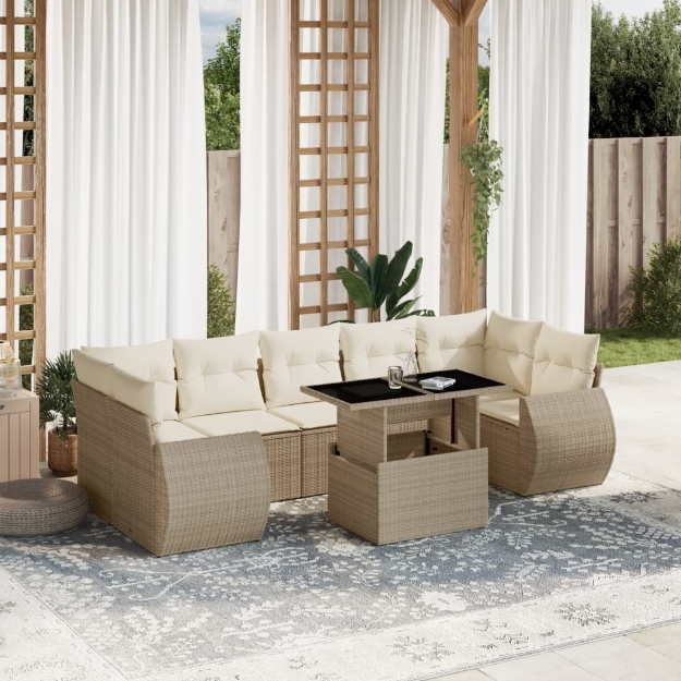 Set Divano da Giardino 8 pz con Cuscini Beige in Polyrattan