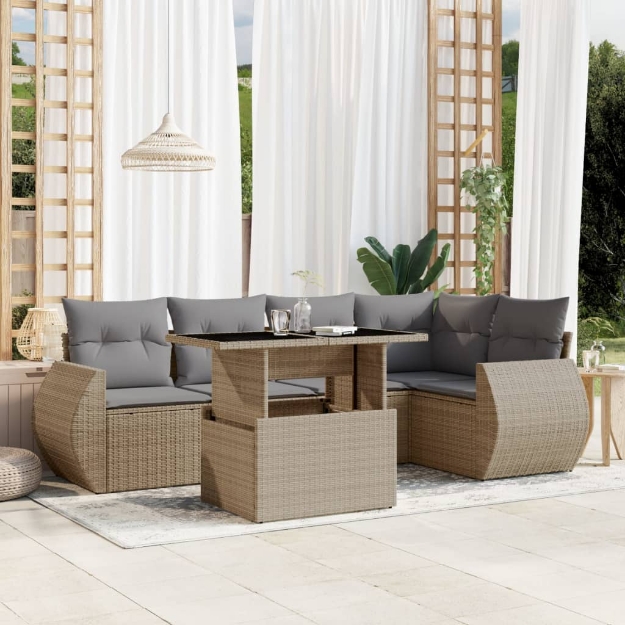 Set Divano da Giardino 6 pz con Cuscini Beige in Polyrattan