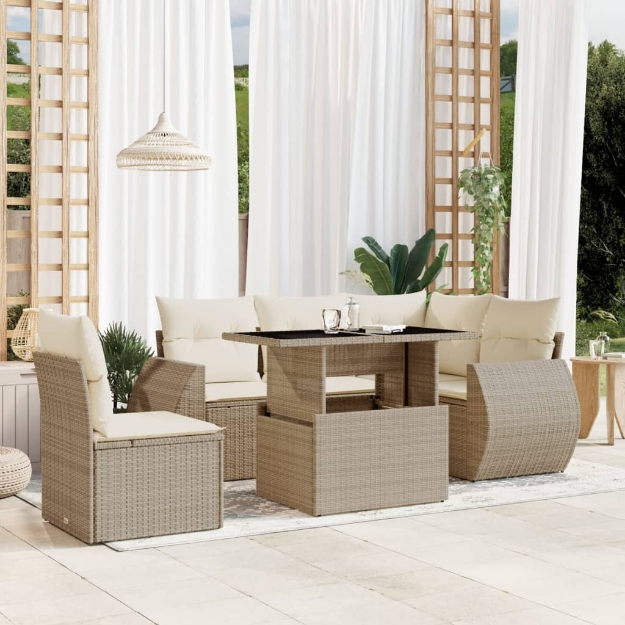 Set Divano da Giardino 6 pz con Cuscini Beige in Polyrattan