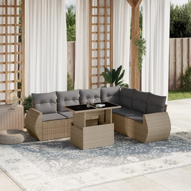 Set Divani da Giardino 7 pz con Cuscini Beige in Polyrattan