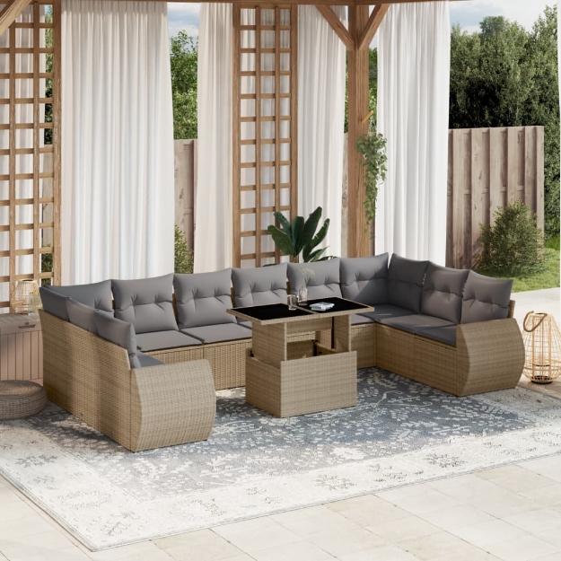 Set Divani da Giardino 11 pz con Cuscini Beige in Polyrattan