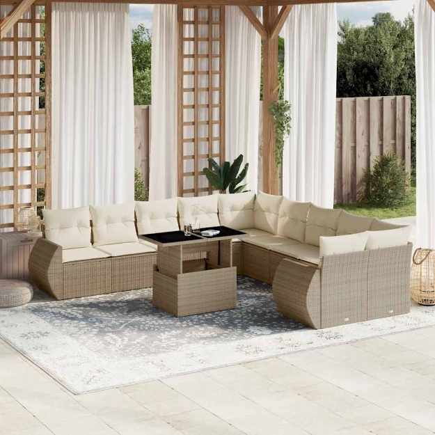 Set Divani da Giardino 11 pz con Cuscini Beige in Polyrattan