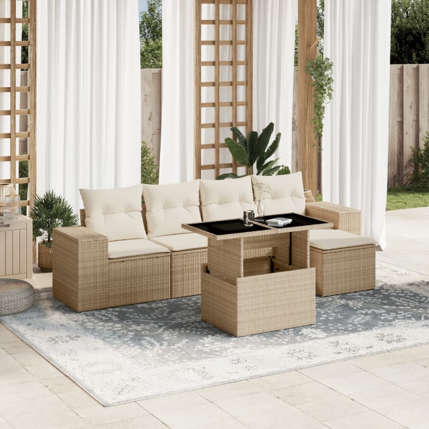 Set Divano da Giardino 6 pz con Cuscini Beige in Polyrattan