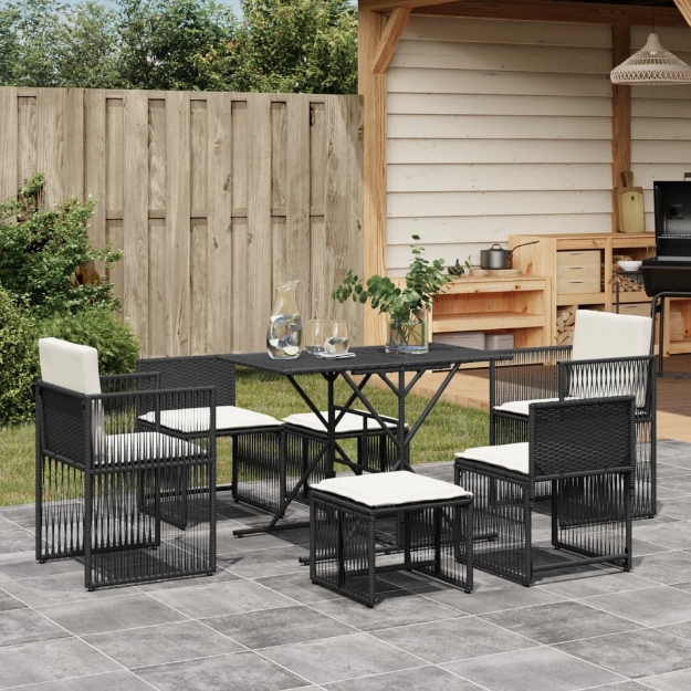 Set da Pranzo da Giardino 7 pz Nero con Cuscini in Polyrattan