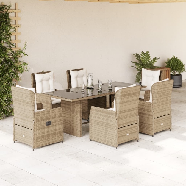 Set da Pranzo da Giardino 7 pz con Cuscini Beige in Polyrattan