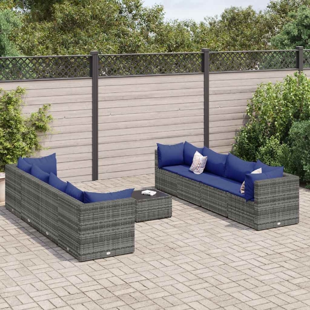 Set Divani da Giardino 9 pz con Cuscini in Polyrattan Grigio