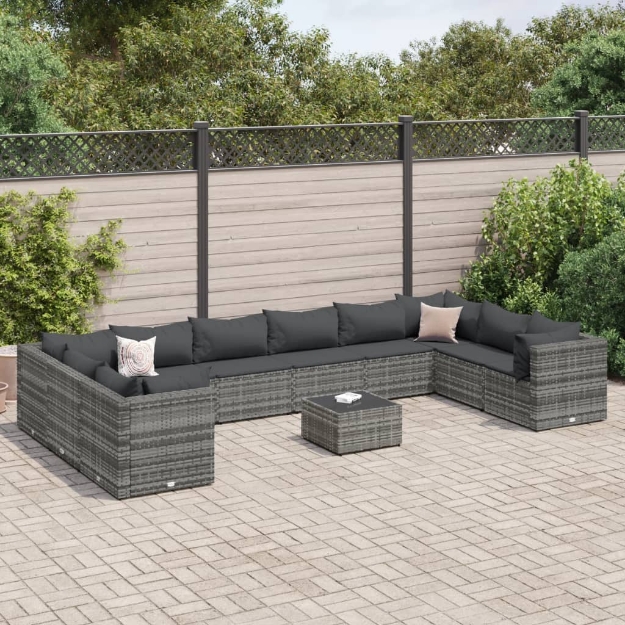 Set Divani da Giardino 11 pz con Cuscini in Polyrattan Grigio