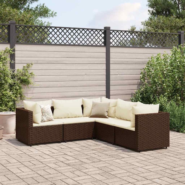 Set Divani da Giardino 5 pz con Cuscini Marrone in Polyrattan