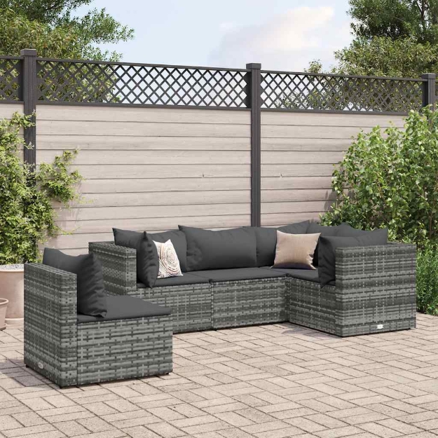 Set Divani da Giardino 5 pz con Cuscini in Polyrattan Grigio