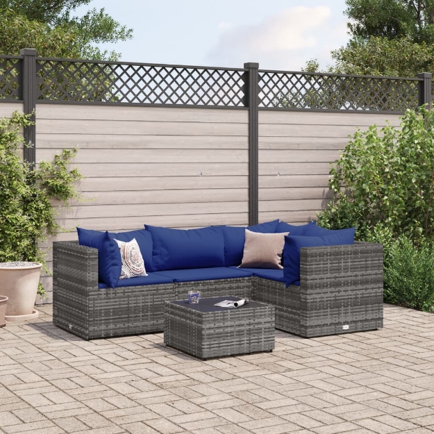 Set Divani da Giardino 5 pz con Cuscini in Polyrattan Grigio