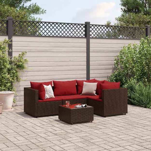 Set Divani da Giardino 5 pz con Cuscini Marrone in Polyrattan
