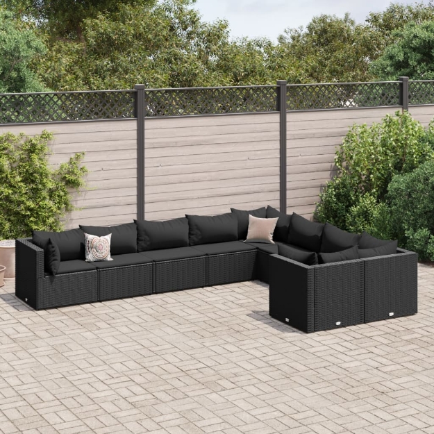 Set Divani da Giardino 9 pz con Cuscini Nero in Polyrattan
