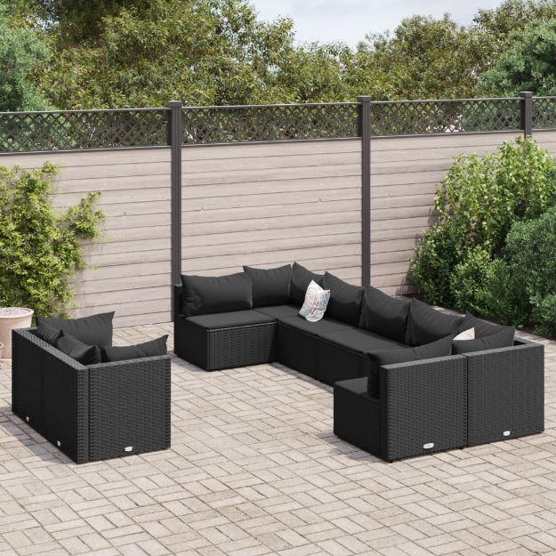 Set Divani da Giardino 9 pz con Cuscini Nero in Polyrattan