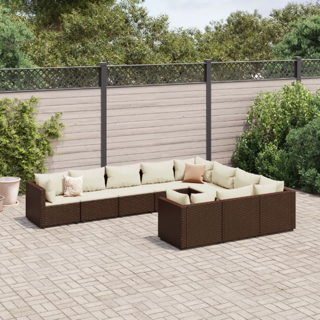 Set Divani da Giardino 10pz con Cuscini in Polyrattan Marrone