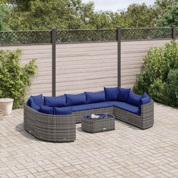 Set Divano da Giardino 10 pz con Cuscini Grigio in Polyrattan