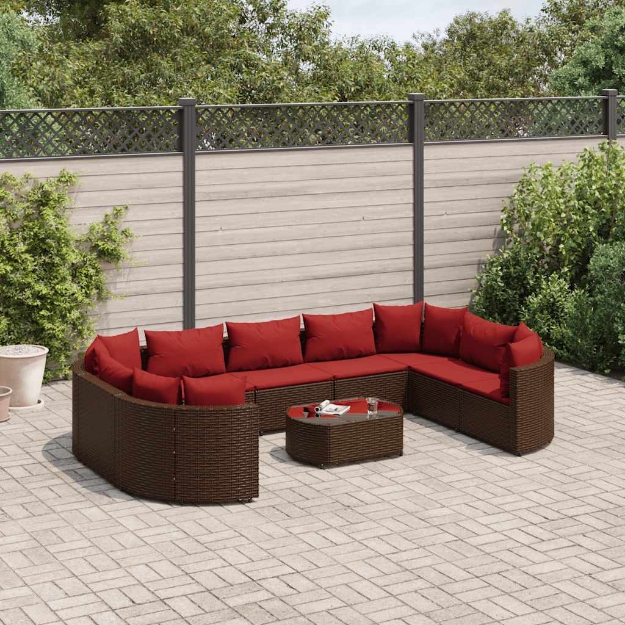 Set Divani da Giardino 10pz con Cuscini in Polyrattan Marrone