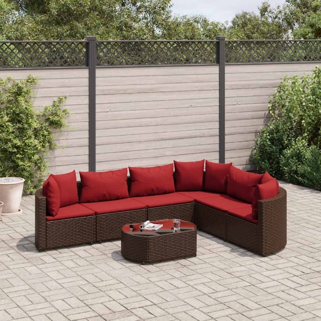 Set Divani da Giardino 7 pz con Cuscini Marrone in Polyrattan