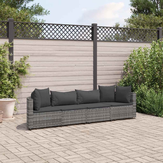 Set Divani da Giardino 4 pz con Cuscini in Polyrattan Grigio