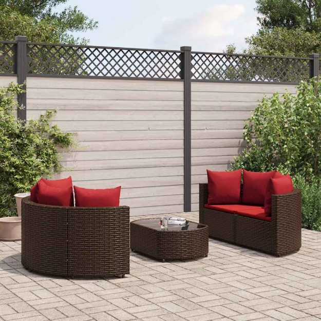 Set Divano da Giardino 5 pz con Cuscini Marrone in Polyrattan