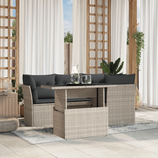Set Divano da Giardino 5pz con Cuscini Grigio Chiaro Polyrattan